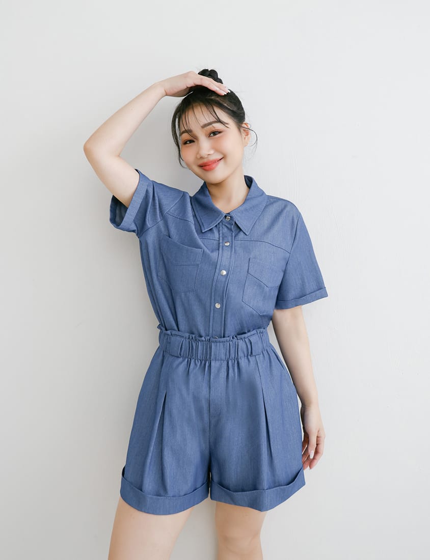 Korean-Style Faux Denim Cuffed Plus Size Short Sleeve Shirt