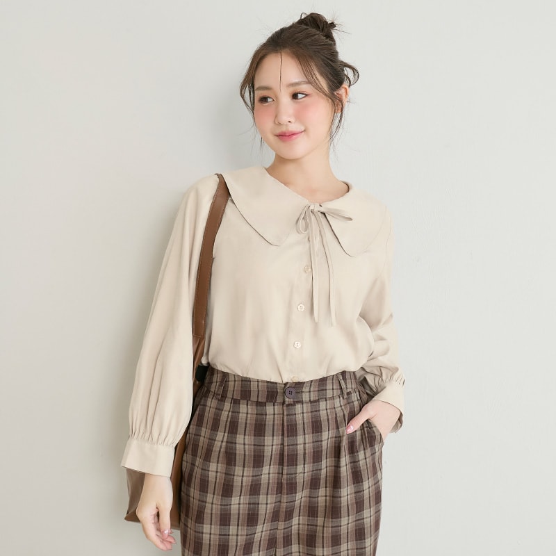 Sweet Multicolor Collar Tie Puff Sleeve Plus Size Shirt