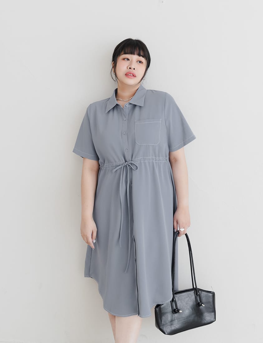 MISS. Contrast Stitch Drawstring Long Plus Size Shirt