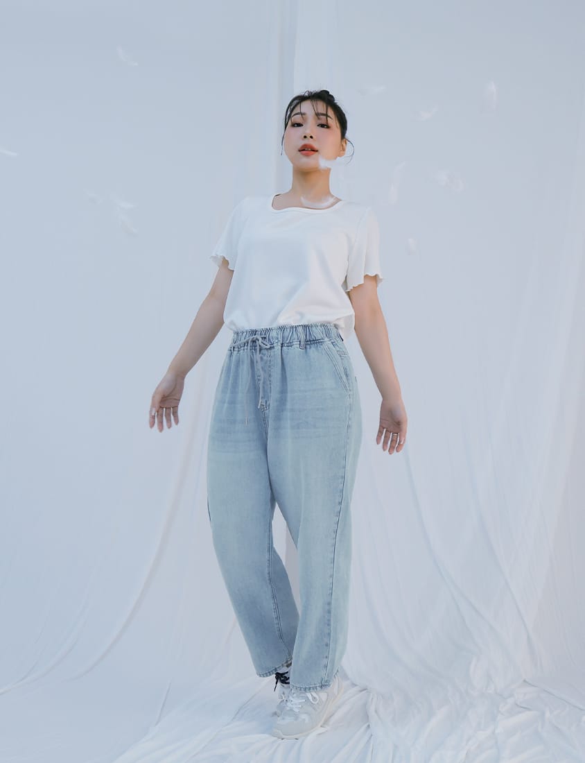 Lyocell Silky Denim Elastic Waist-Tie Plus Size Harem Jeans