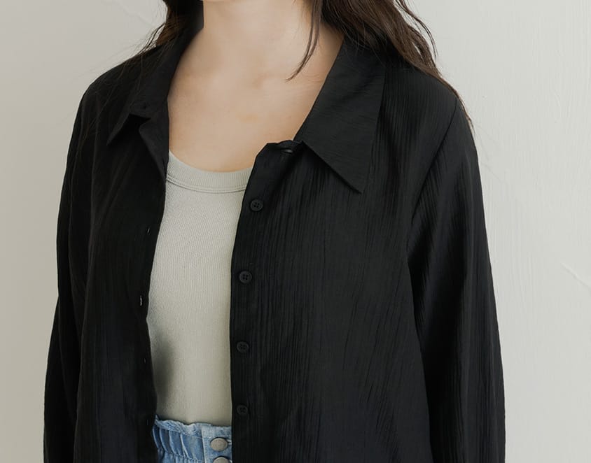 Crinkled Texture Sheer Tie-Back Plus Size Long Sleeve Shirt