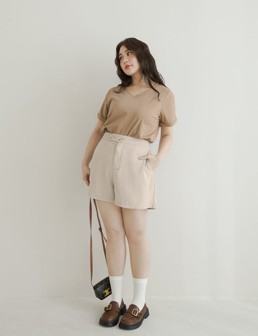 Color-Block Stitching Waistband Twill Plus Size Shorts