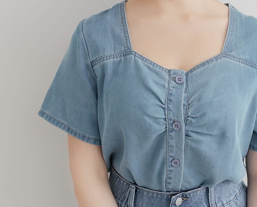 Front Ruched Button-Up Plus Size Denim Top