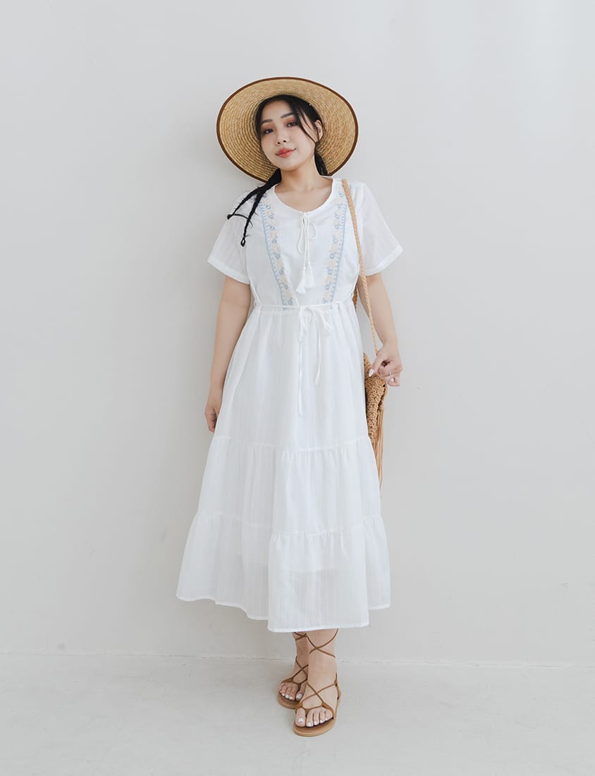 Boho Jacquard Embroidered Plus-Size Maxi Dress (with Waist Tie)