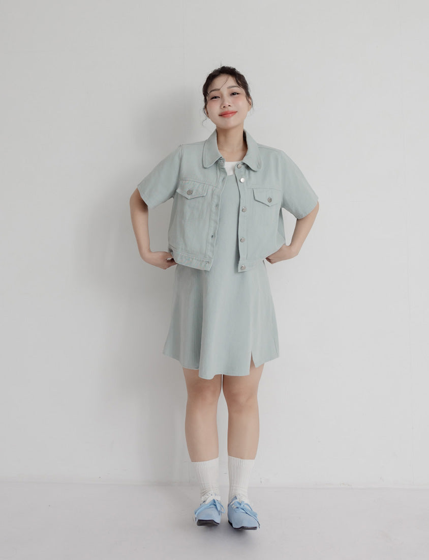 Korean Style Twill Button-Down Plus Size Short Sleeve Jacket