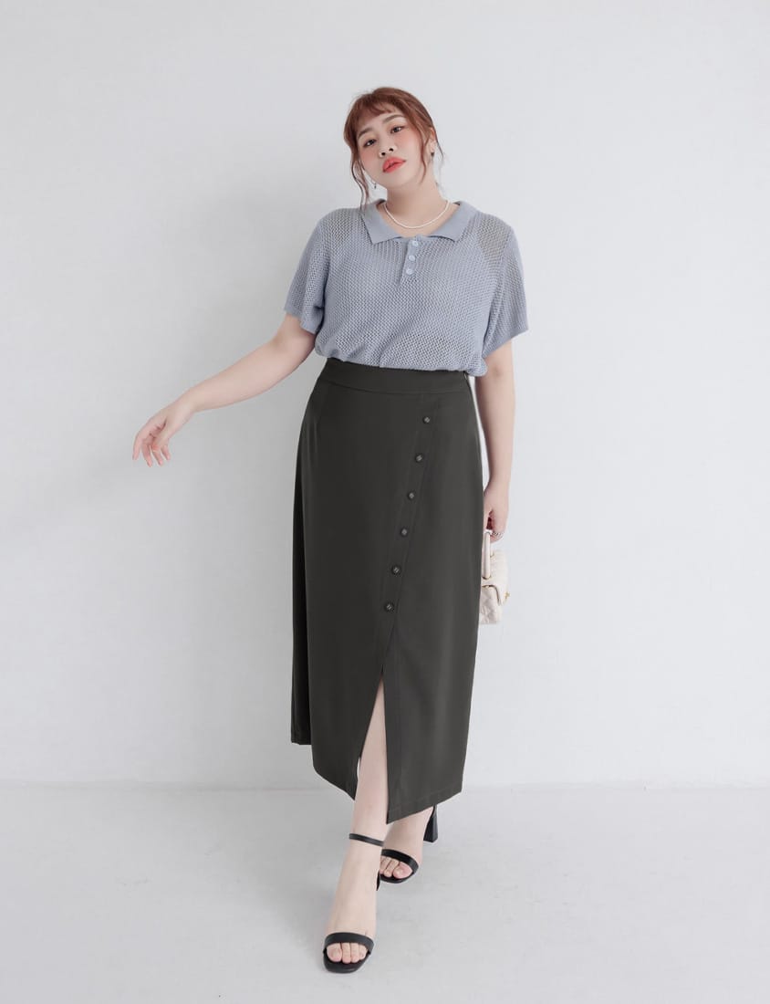 MISS. Korean Style Asymmetrical Button Slit Elastic Waist Plus Size Maxi Skirt