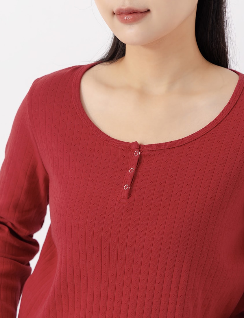 Jacquard Ribbed Button-Front Plus Size Crewneck Top