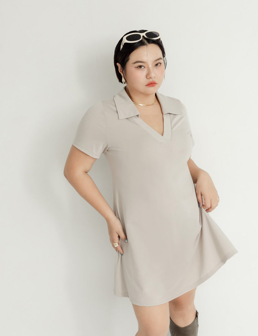 MUA! Chic Notched Collar Twill Plus Size Short Sleeve Dress