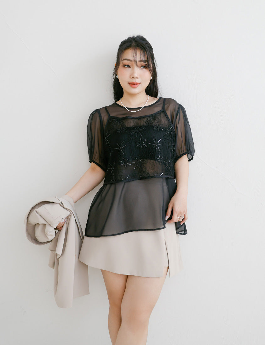MISS. Sheer Lace Floral Plus Size Strap Cami
