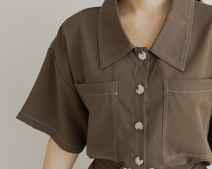 Color-Block Stitched Large Pocket Plus Size Short Sleeve Shirt