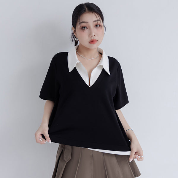 MUA! Space Cotton Color-Block Zipper Faux Two-Piece Plus Size Top