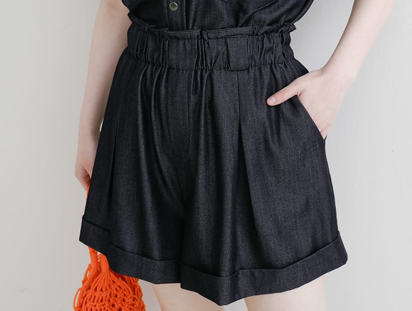 Korean-Style Faux Denim Bubble Hem Plus Size Shorts