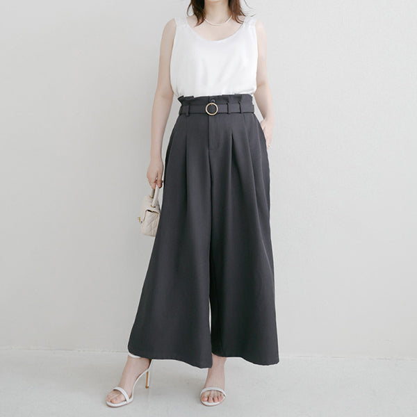 MISS. High-Waisted Bubble Hem Wrinkle-Free Belted Plus Size Wide-Leg Pants