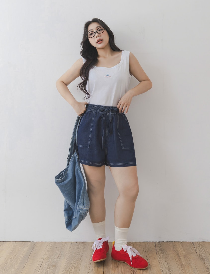 Skin-Friendly Lyocell Silky Denim Contrast Stitch Plus Size Shorts