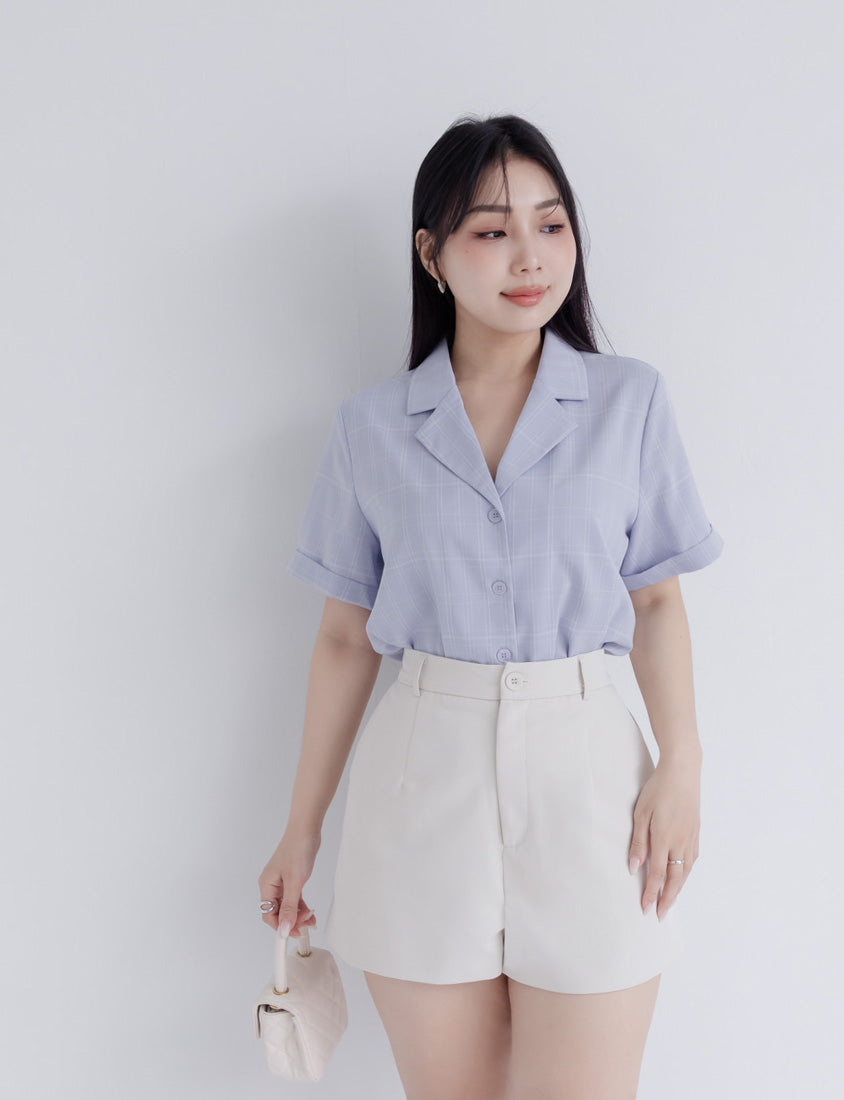 MISS. Cuban Collar Plaid Cuffed Plus Size Short Sleeve Shirt