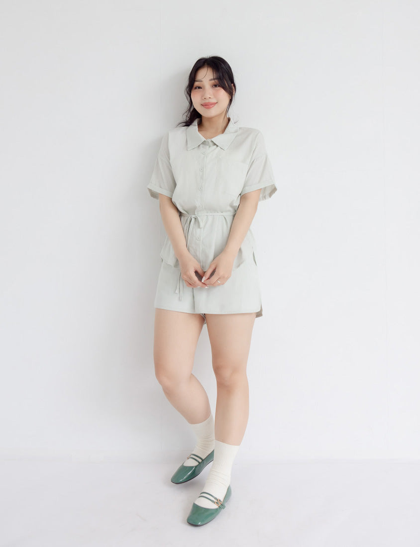 Airy Silky Linen Short Sleeve Plus Size Shirt (With Tie Belt)