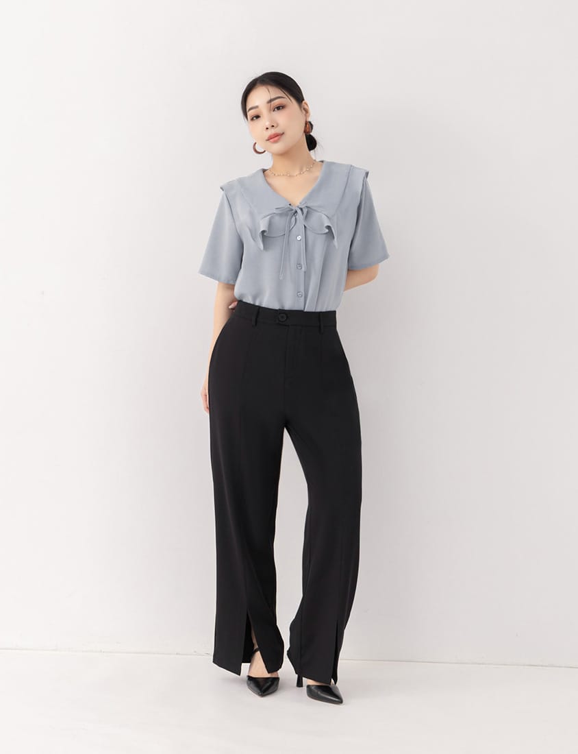 MISS. Heart Buttons Front Tie Ruffle Collar Plus Size Blouse