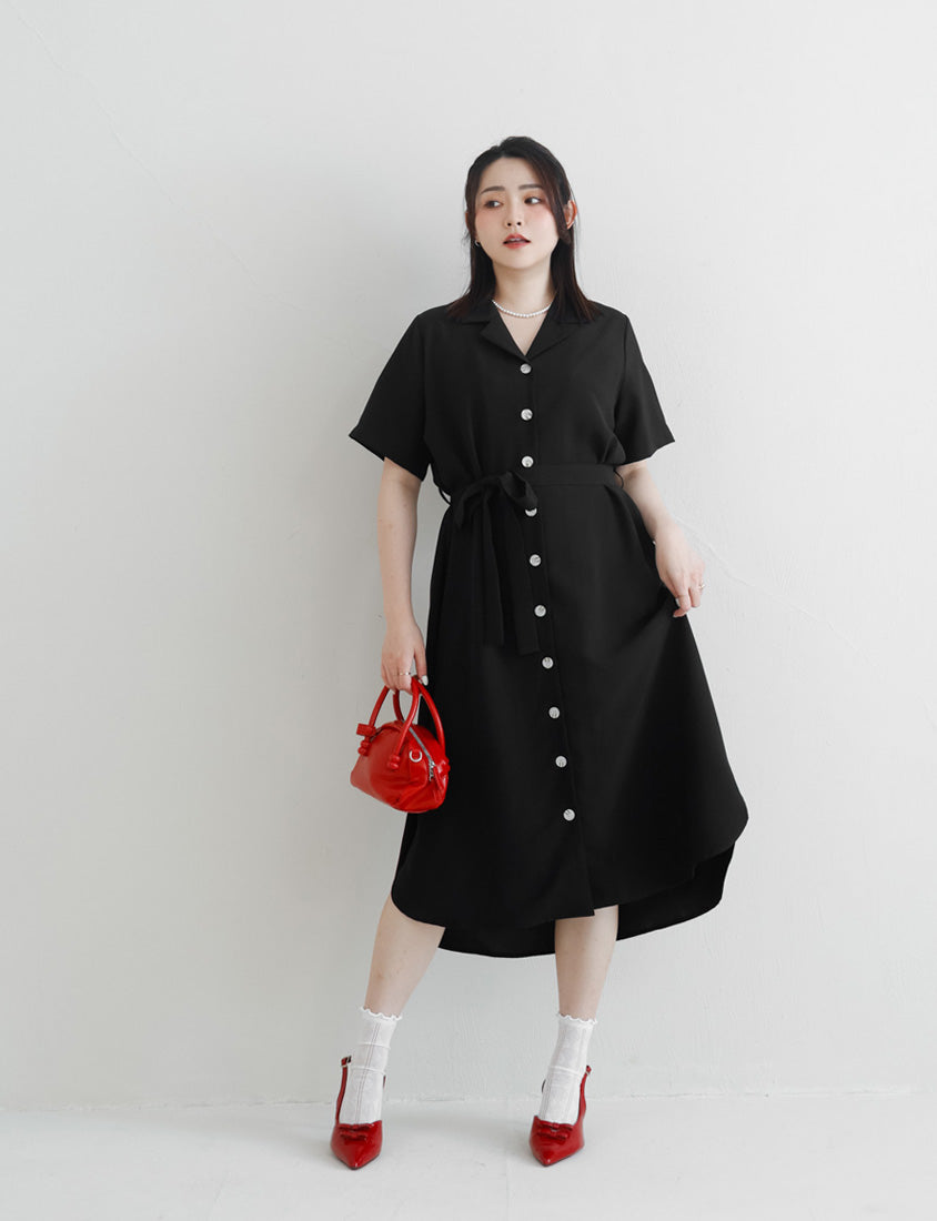 MISS. Cuban Collar Chiffon Button Short Sleeve Dress (with Waist-Tie )