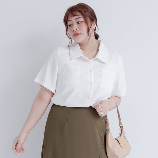 MISS. Drop Shoulder Stitching Double Pocket Plus Size Short Sleeve Shirt