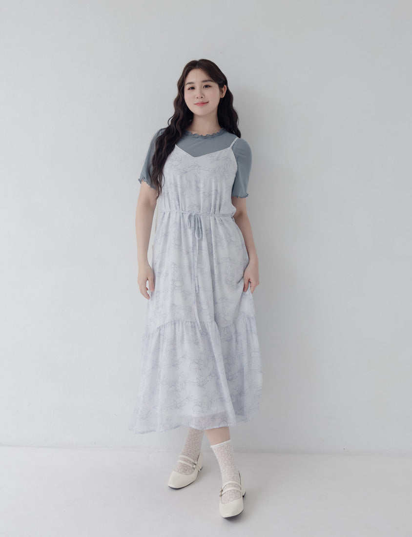 Adjustable Hand-Painted Floral Cami Dress (with Waist Tie)