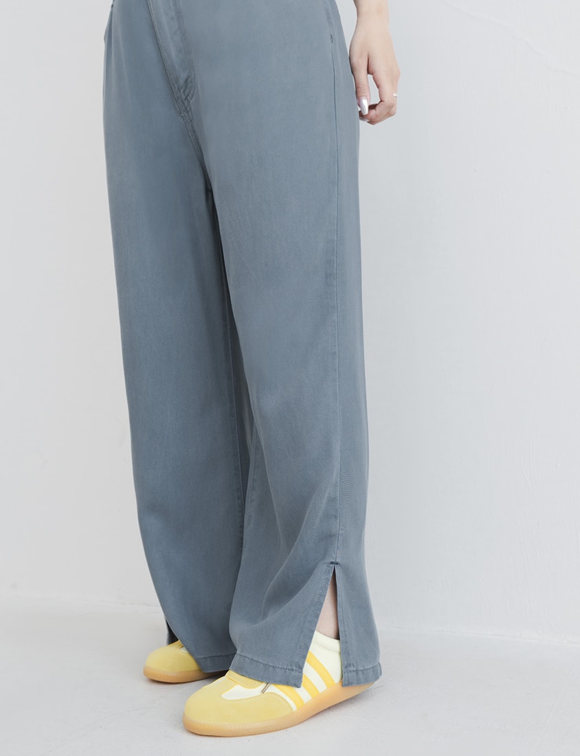 Lyocell Cooling Contrast Stitch Slit Plus Size Wide-Leg Pants