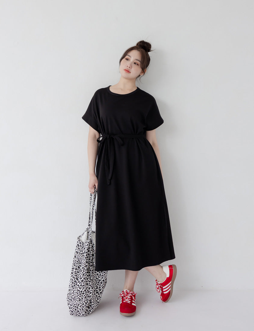 Casual Crew Neck Waist Tie Plus Size Maxi Dress