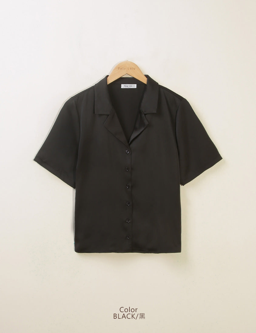 MISS. Glossy Satin Cuban Collar Plus Size Shirt With Floral Buttons