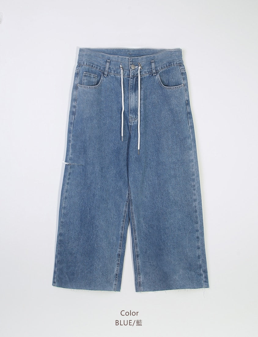 Edgy Contrast Drawstring Plus Size Distressed Jeans