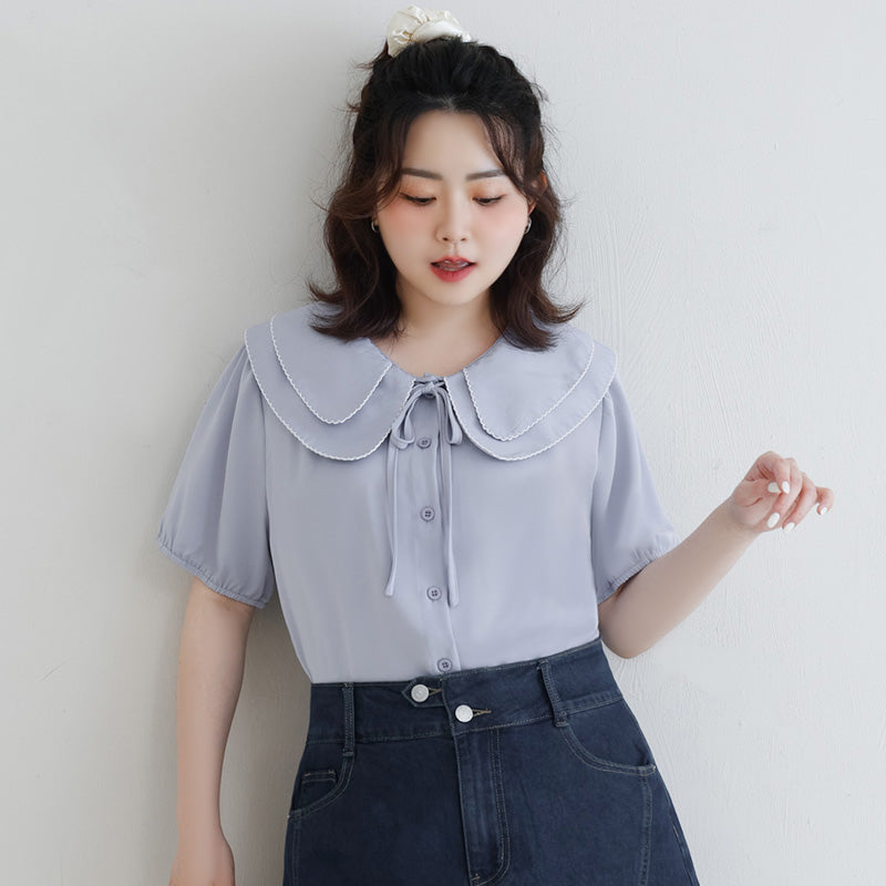 Double Layer Collar Tie Puff Sleeve Plus Size Blouse