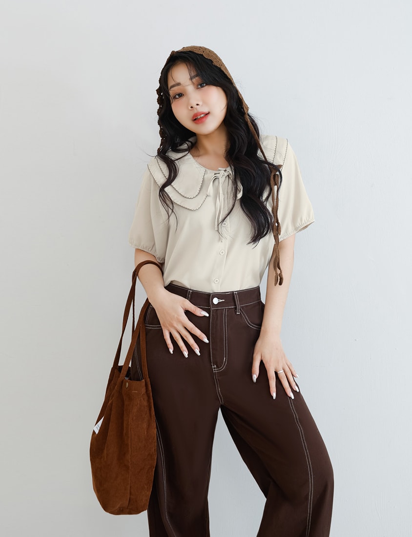 Double Layer Collar Tie Puff Sleeve Plus Size Blouse