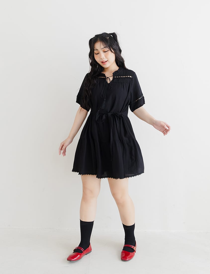 Intricate Lace Tie-Waist Flare Plus Size Mini Dress