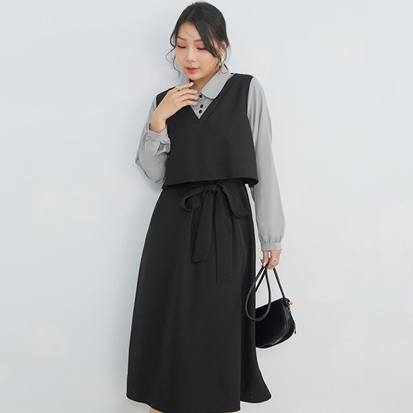 MISS. Contrast Faux Two Piece Waist Tie Plus Size Maxi Dress