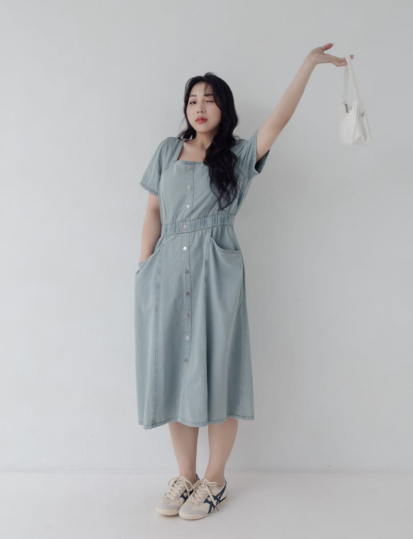 Square Neck Faux Button Elastic Waist Plus Size Denim Maxi Dress