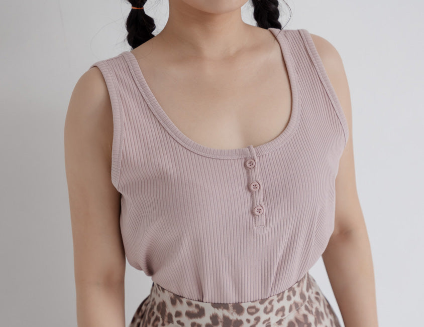Basic U-Neck Ribbed Button Plus Size Tank Top