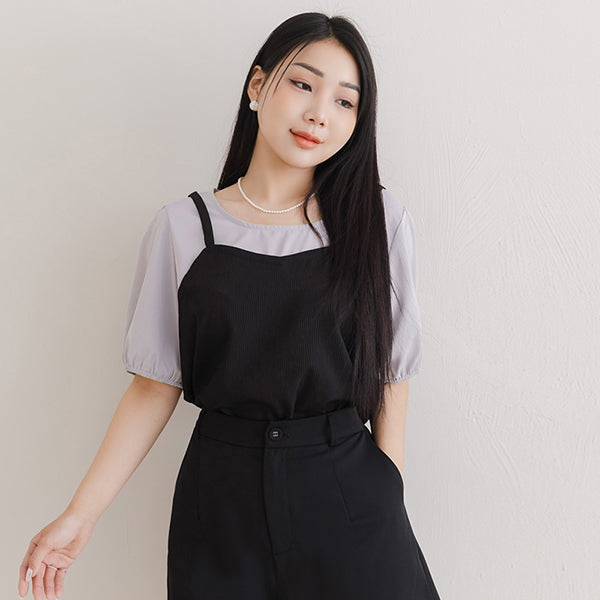 MISS. Faux Two-Piece Textured Puff Sleeve Top