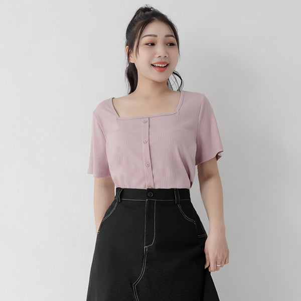 Multi-Color Ribbed Square Neck Faux Button Plus Size Top