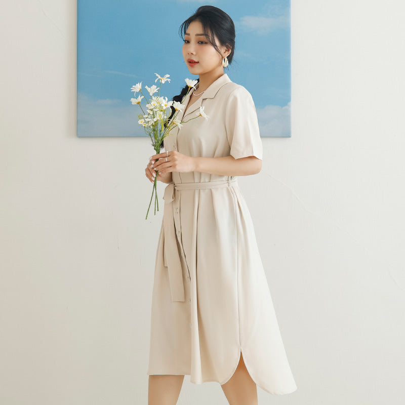 MISS. Cuban Collar Chiffon Button Short Sleeve Dress (with Waist-Tie )
