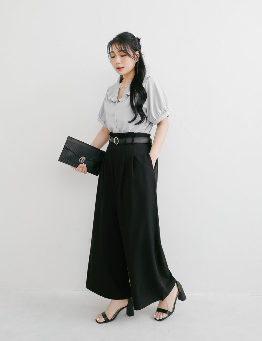 MISS. High-Waisted Bubble Hem Wrinkle-Free Belted Plus Size Wide-Leg Pants