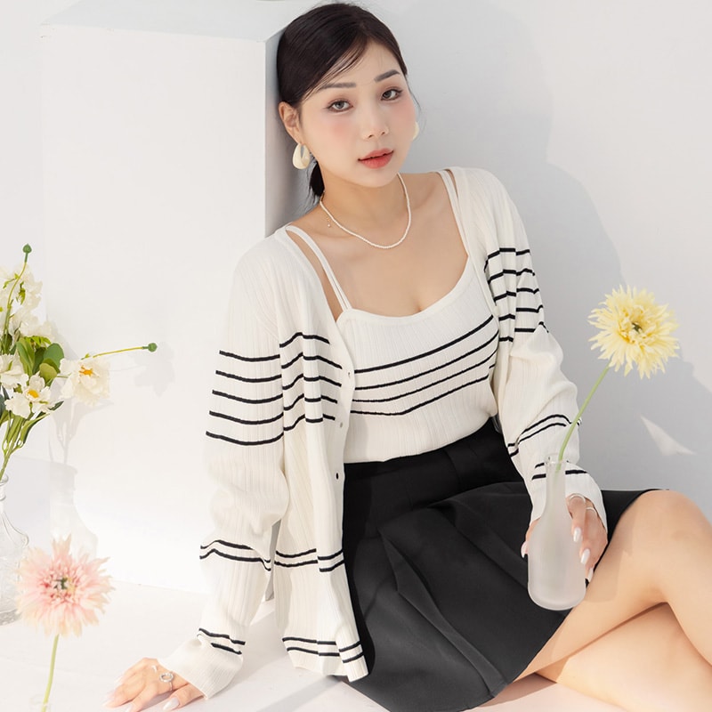 MISS. Contrast Stripe Ice Silk Plus Size Knit Cardigan