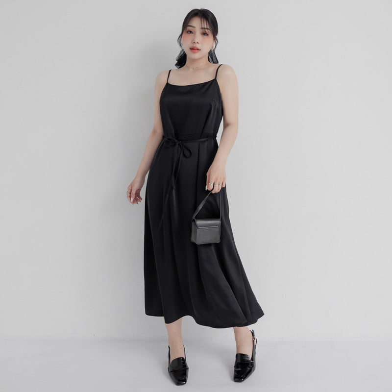 MISS. Satin A-Line Adjustable Strap Plus Size Cami Dress (with Waist Tie)