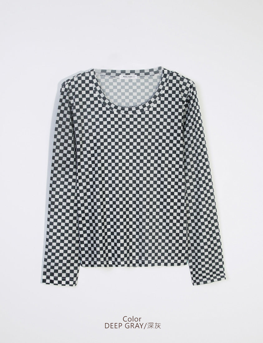 MUA! Sexy Checkered Mesh Long Sleeve Plus Size Top