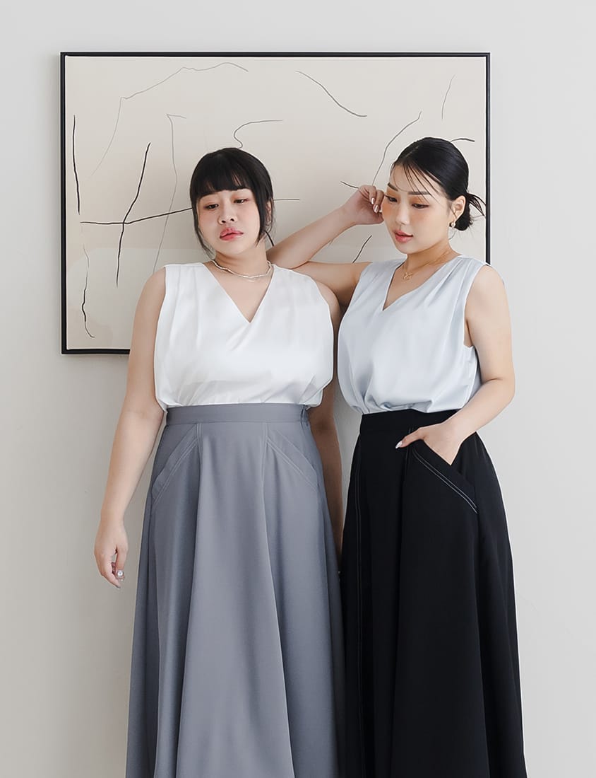 MISS. Subtle Sheen V-Neck Wide Strap Plus Size Pleated Tank