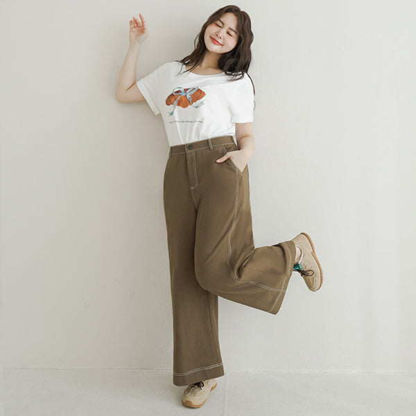Color-Block Stitched Twill Cotton Straight-Leg Plus Size Pants