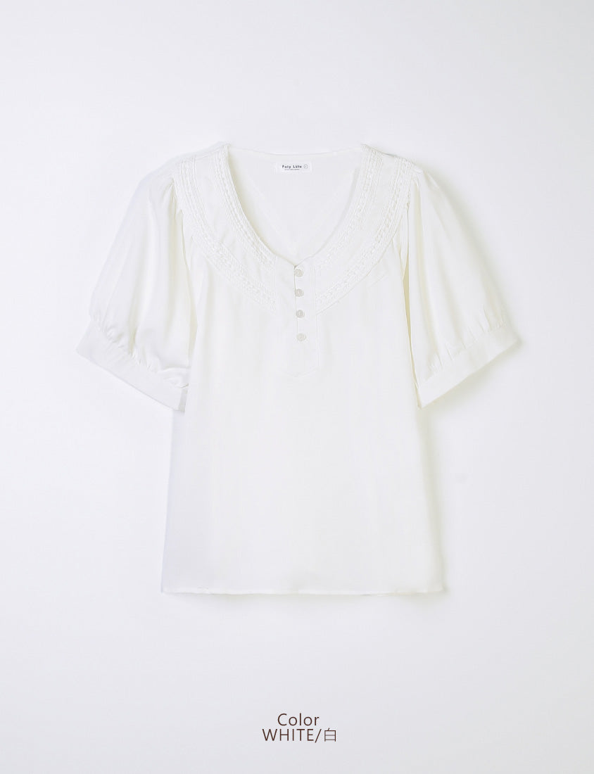 MISS. V-Neck Lace Embroidered Plus Size Puff Sleeve Top