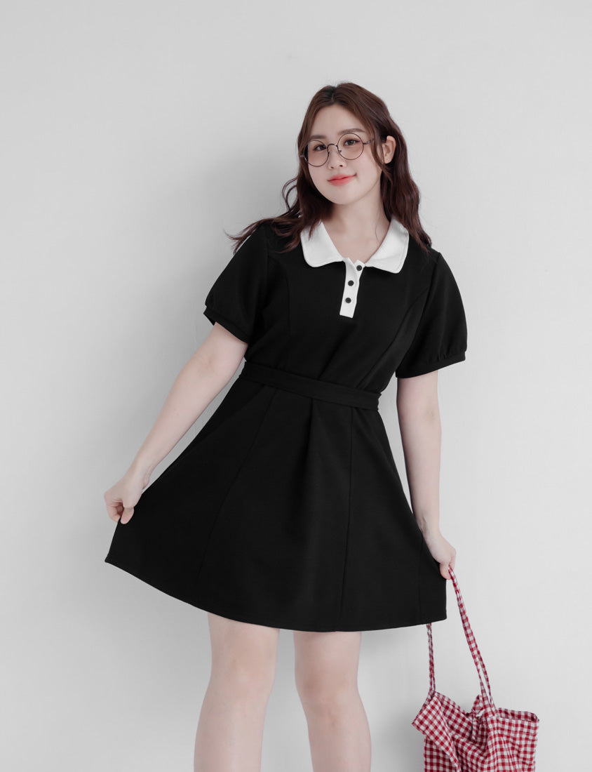 Color-Block Polo Collar Plus Size Mini Dress (With Belt)
