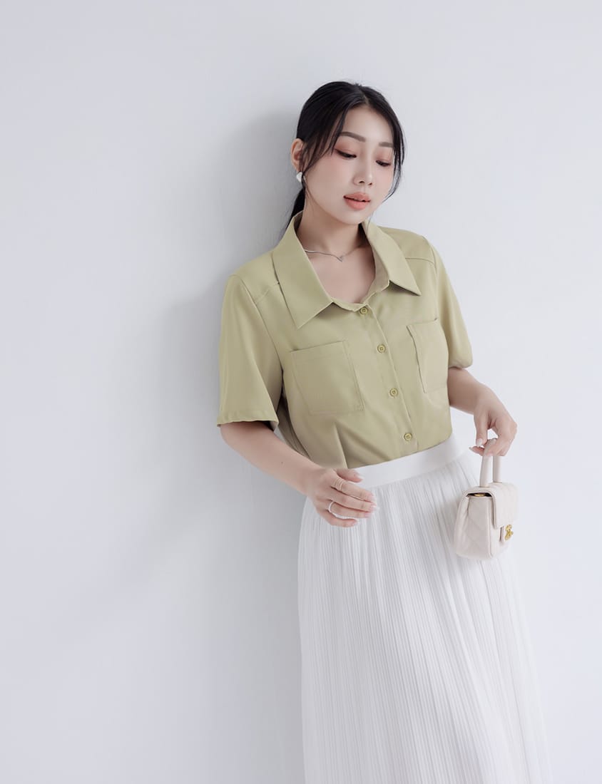 MISS. Drop Shoulder Stitching Double Pocket Plus Size Short Sleeve Shirt