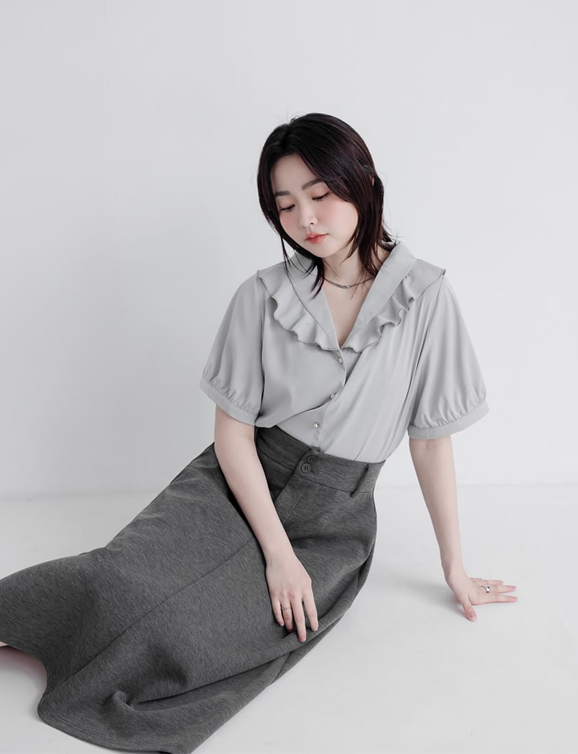 MISS. Korean-Style V-Neck Big Ruffled Puff Sleeve Plus Size Blouse