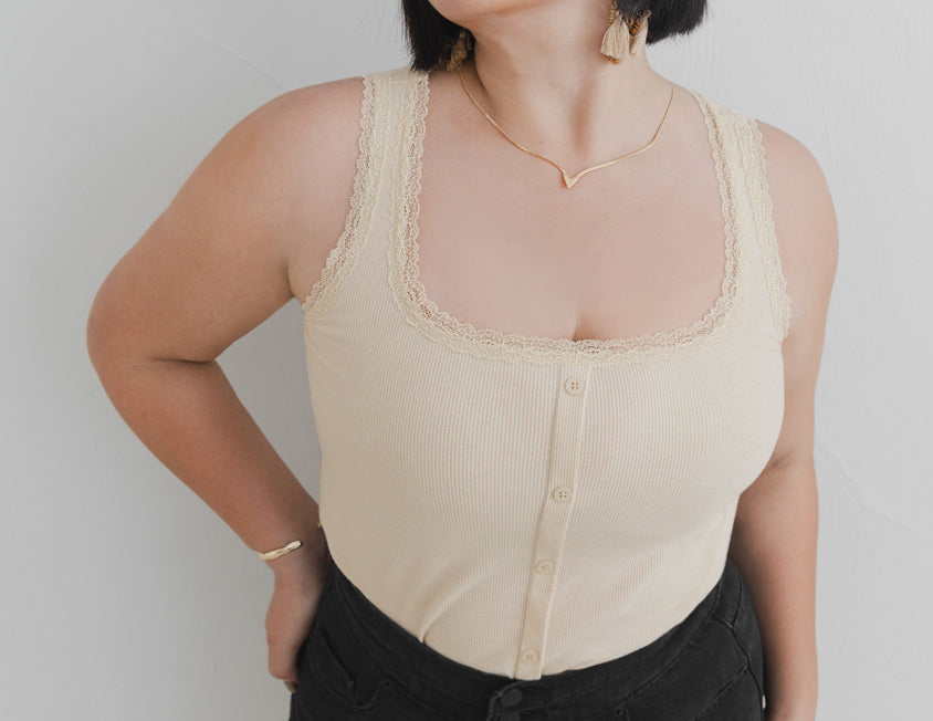 MUA! Lace Square Neck Faux Button Plus Size Sleeveless Top
