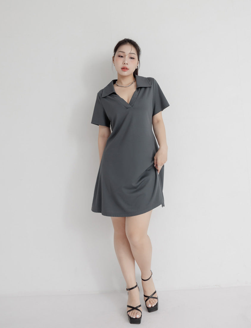 MUA! Chic Notched Collar Twill Plus Size Short Sleeve Dress