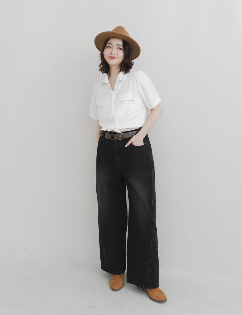 Color-Block Embroidered Pocket Plus-Size Short Sleeve Shirt